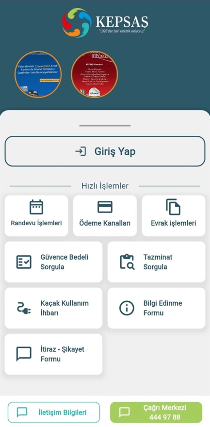 KEPSAŞ mobil uygulaması giriş ekranı